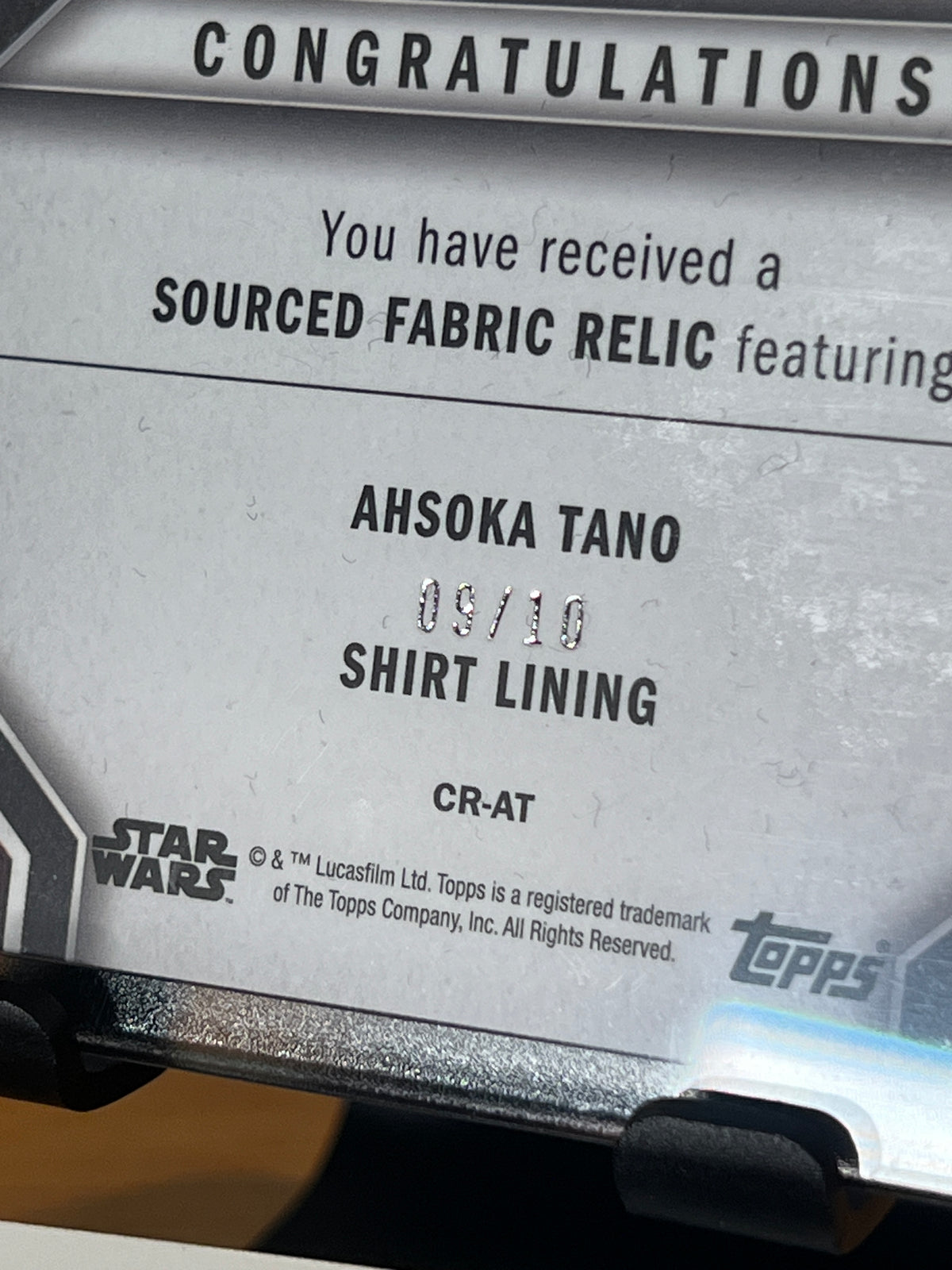 Ahsoka Tano Sourced Fabric Relic #CR-AT 9/10 - 2022 Topps Star Wars Masterwork